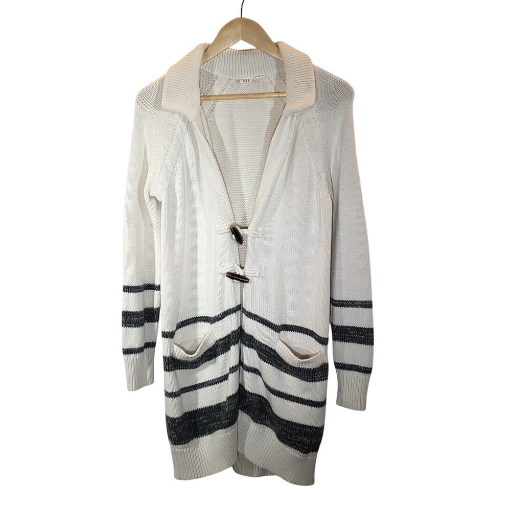 GAP Cardigan Womens Small Long Line Toggle Coastal‎ Knit Striped Sweater Coat